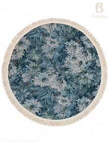 Vintage Blue Floral Round Tablecloth With Fringe, Woven Polyester Cotton Table Cover For Dining Table, Coffee Table, Side Table & Home Decor - Blue - View 11