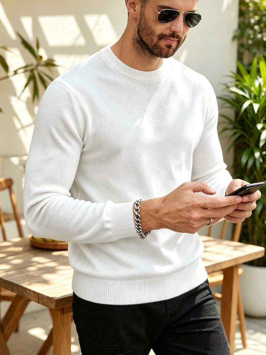 ALTZTAR Men's Round Neck Long Sleeve Knit Top - White - View 1
