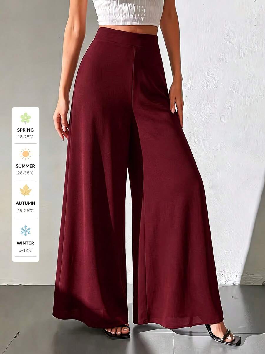 SUNSTORY Women's All-Season Versatile Fashion Casual Street Vacation Style Oversized High Waist Wide Leg Chiffon Pants, Suitable For Commuting, Outings, School Dance - Burgundy - View 1
