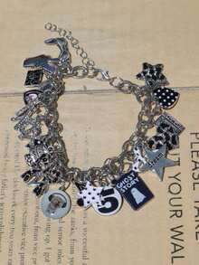 1pc Dark Gothic Charm Bracelet, Polka Dot Star Leopard Print Heart Bracelet, Dark Cherry Ghost Party Bracelet - Black and White - View 4
