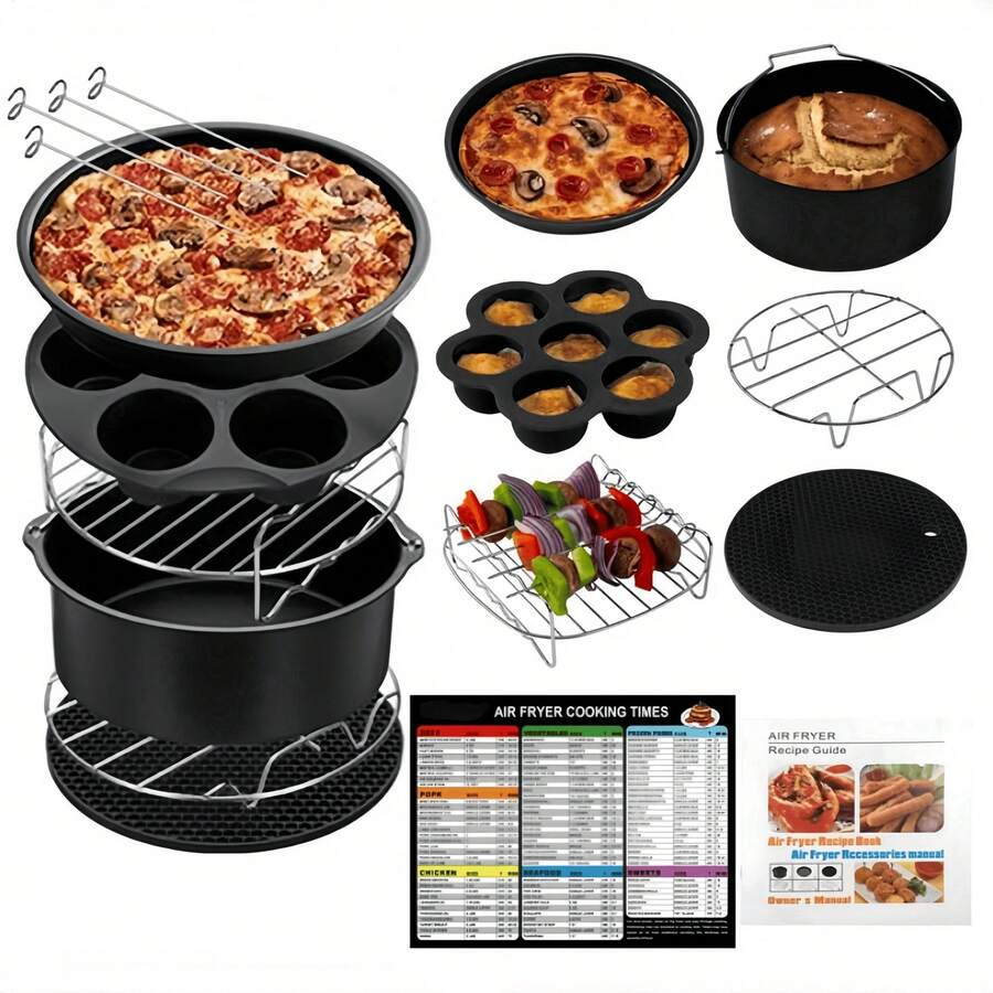 GRNupld 8-Inch Air Fryer Accessories, Suitable For Universal 3.7QT-6.8QT Deep Air Fryers, Dishwasher , Non-Stick Coating, Includes Recipe Book, 11-Piece Set