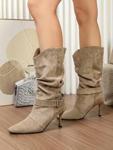 NANBEI ZUO Removable Ankle Strap Buckle Decoration Women's Sleeve Pleated Boots Pointed, Slim High Heels, Single Lining, Mid Top Boots, Versatile For Daily Use - Khaki - View 5