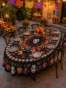 1PC Day Of The Dead Round Table Cloth, Colorful Sugar Skull Floral Print Polyester Tablecloth, Mexican Style Dining Table Cover For Kitchen, Dining Room, Day Of The Dead Party, Halloween, Holiday Gathering And Indoor Outdoor Home Decor - Multicolor - View 7