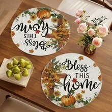 1/4/6pcs Autumn Collection Cross, Pumpkin Sunflower, Text Hand-Painted Pattern Placemats, Suitable For Home Kitchen, Made Of Polyester Fiber, Kitchen Table Decoration, And Party Scene Decoration - Multicolor - View 4