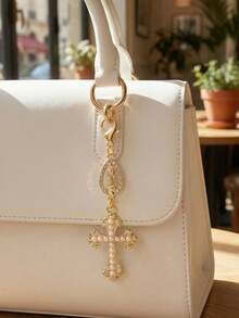 Christian Charm Keychain With Religious Cross, Pearl And Diamond Pendant - Cross Keychain, Bag Charm, Cross Pendant, Decorative Wallet, Backpack, Earphone Case, Luggage And Car Accessories - Single Accessory With Pearl, Diamond And Romantic Elements - Multicolor - View 9