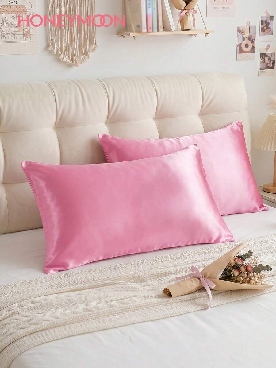 2pcs Set Premium Silky Satin Envelope Pillowcases, Soft And Breathable, Wrinkle-Resistant, Gentle On Hair And Skin, Improve Sleep Quality, No Pillow Insert, Machine Washable, Pink - Pink - View 1