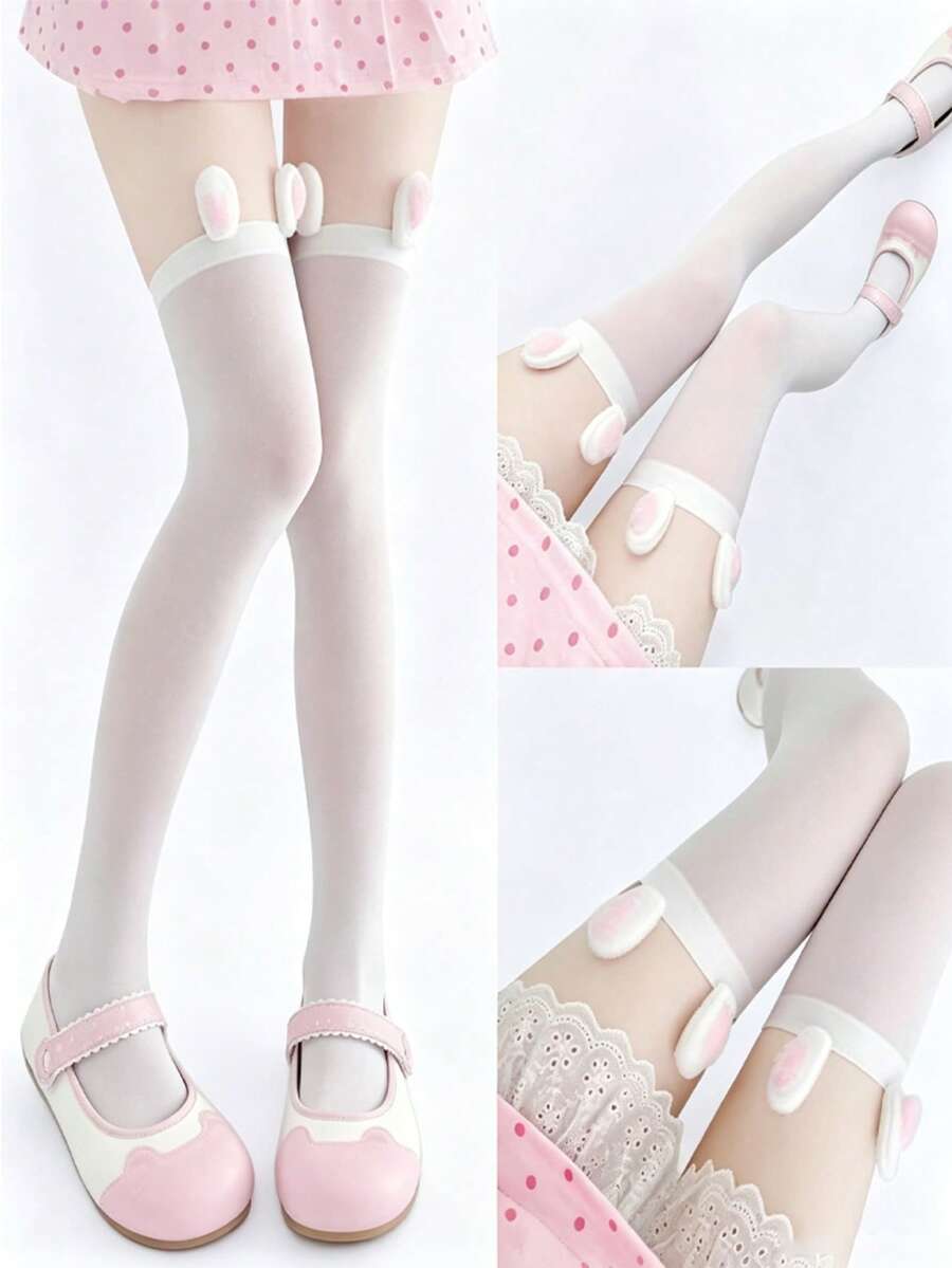 1/2 paires de chaussettes hautes mignonnes pour femmes avec oreilles de lapin 3D, chaussettes hautes douces, convenant pour Lolita, cosplay, costumes d'Halloween - Multicolore - Voir 1
