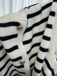 White Base Black Stripe Contrast Color Metal Button Plus Size Women Knitted Vest Vacation Fall - White - View 5