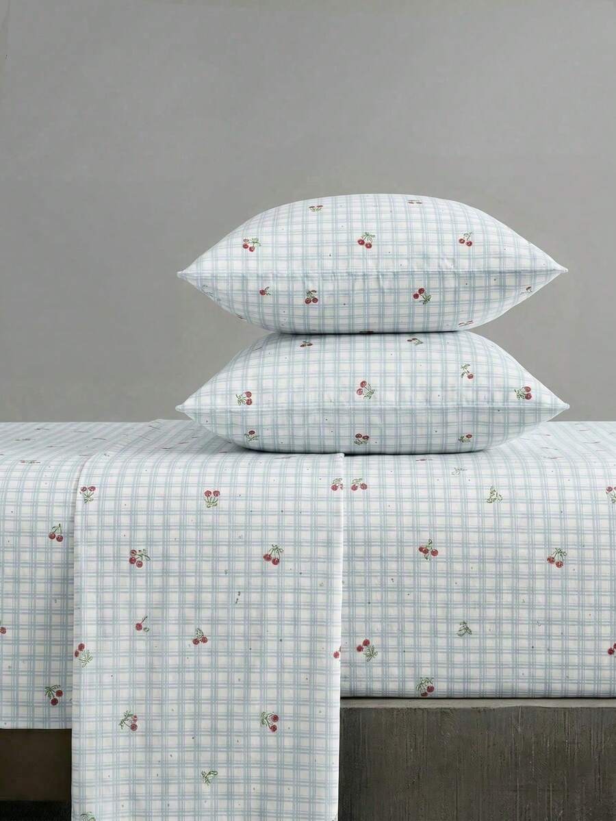 4-Piece Blue Cherry Plaid Pattern Bedding Set, Easy Care Soft Bedding Set (1 Flat Sheet + 1 Fitted Sheet + 2 Pillowcases), Fitted Sheet Set Suitable For King/Queen/Full/Twin Size, Fits 11.8 Inch Deep Mattress, Soft Breathable Wrinkle-Resistant, Back To School Dorm Bedding - Baby Blue - View 1