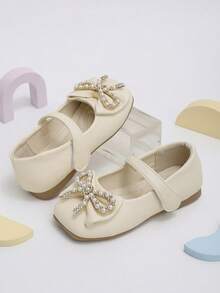 1 Pair Girls' Beige Pearl Rhinestone Bow Knot Hook And Loop Mary Jane Shoes, Suitable For Shopping, Outings And School Wear - Beige - View 1