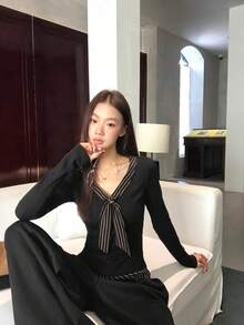 Women's 2026 New Long Sleeve T-Shirt, Black Stunning Slim Fit 2 In 1 Knit Top - Black - View 2