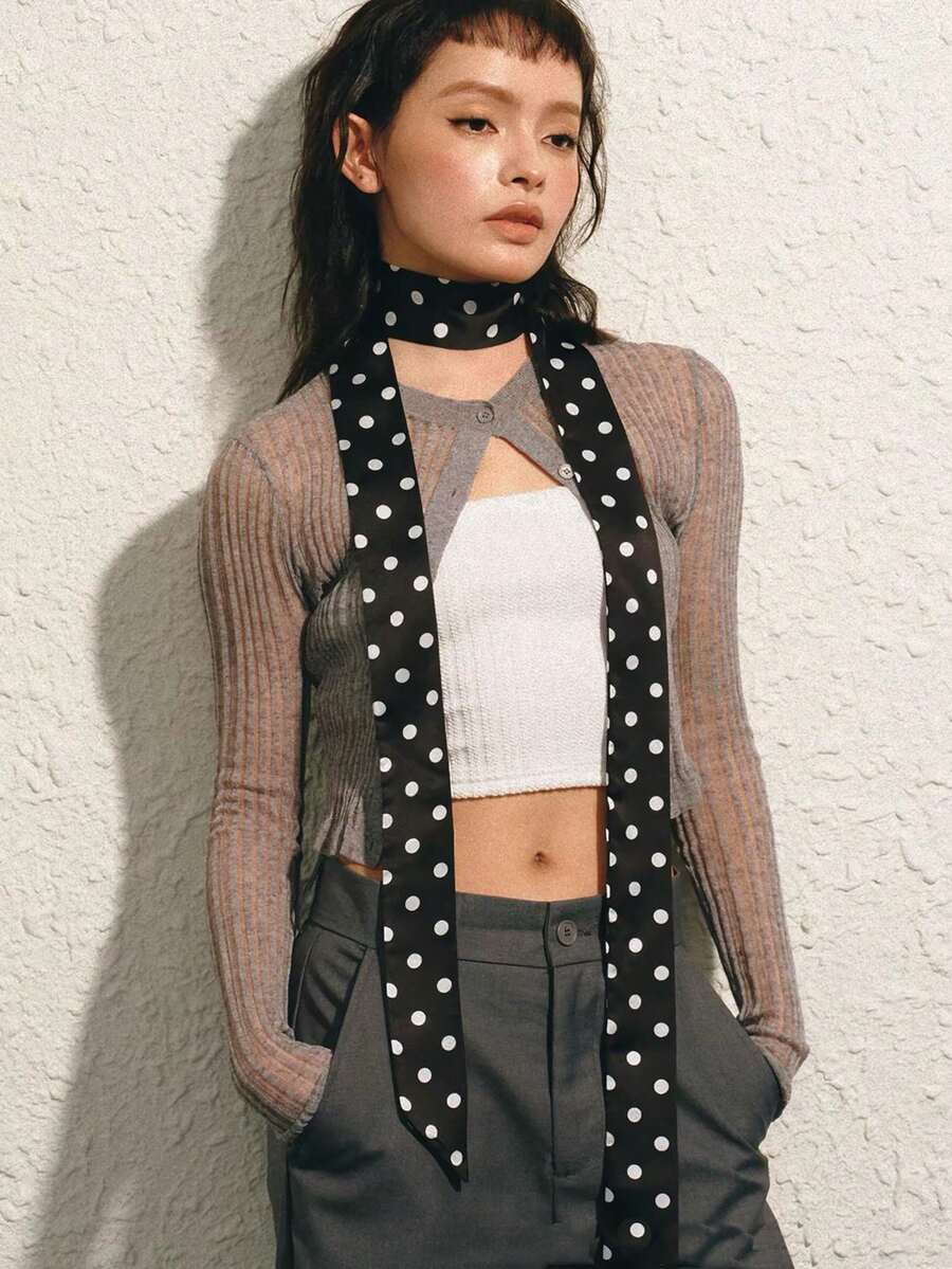 1pc Women's Dotted Print Twill Fashion And Elegant Scarf, Can Be Used As Decorative Scarf, Hair Band, Hair String, Etc., Multi-Functional Scarf - Black - View 1