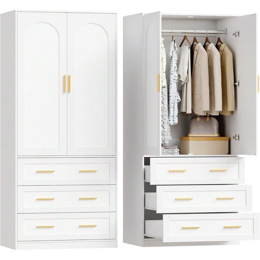71 Inch Wooden Armoire Wardrobe Closet With 3 Drawers, Freestanding Clothes Storage Cabinet With Hanging Rod For Bedroom, Entryway, Living Room - 1 - View 1