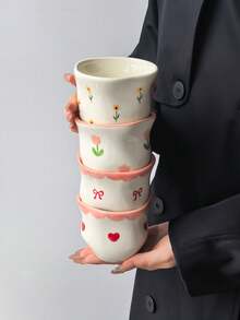 1pc Ins Style Cute Girly Ceramic Coffee Cup, Hand-Pinch Exquisite Asymmetrical Ceramic Mug, Hand-Painted Small Flower & Bow & Heart Pattern Tea Cup, Minimalist Aesthetic Espresso Cup, Beautiful Birthday Gift - Multicolor - View 6