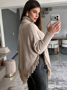 Cable Knit Tassel Cape Sweater With 3D Cable Twist Patchwork Diamond Pattern Design, Loose Casual Slouchy, Suitable For Autumn/Winter, Casual Dating, Vacation, Outing - Light Brown - View 3