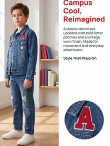 2pcs Tween Boys Autumn/Winter Vintage Street Style A-Embroidered Denim Jacket With Simple Slim Fit Distressed Jeans, Suitable For Outdoor Street Fashion - Dark Wash - View 5