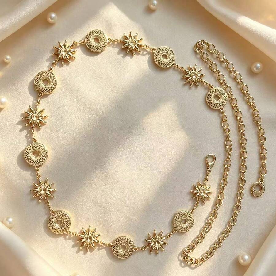Vintage Sunflower Metal Waist Chain For Women, Bohemian Carved Chain Belt, Adjustable Waist Chain For Dress Decoration - Gold - View 1