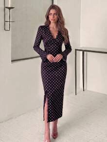 Women Deep V Neck Polka Dot Dress Lace Trim Flare Long Sleeve Side Slit Apparel For Fall Winter Cocktail Party Going Out - Black - View 4