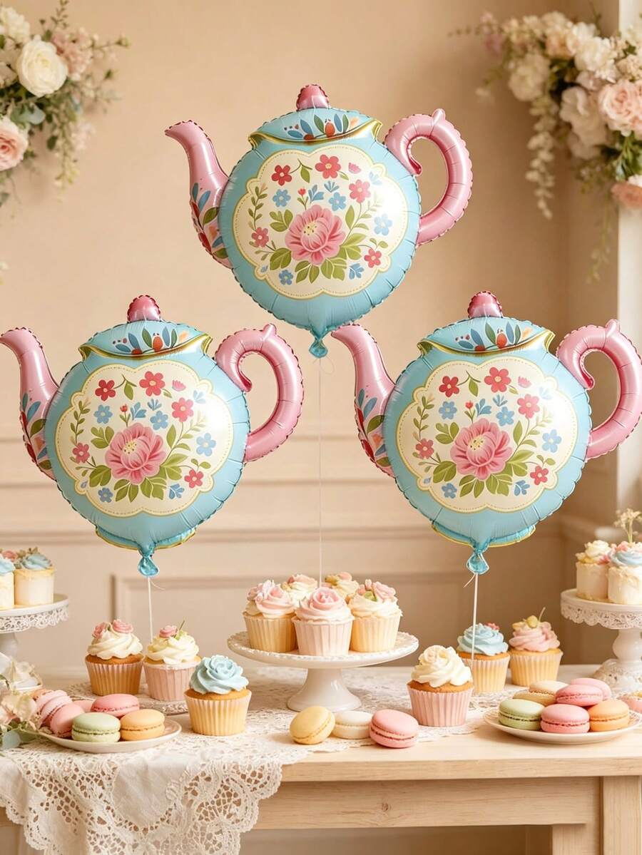 1/3pcs Tea Pot & Princess Aluminum Foil Balloons, Suitable For Birthday Wedding Tea Party Decor, Tea Theme Balloon Arch Wall, Mother's Day Party Photo Props, Spring/Summer DIY Party Supplies - View 1
