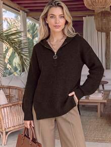 NiceArt Women's Autumn Dark Brown Blended Streetwear Knit Top, Hooded Half-Zip Drawstring Sweater, Winter Outfit, Suitable For Socializing And Night Out - Brown - View 1