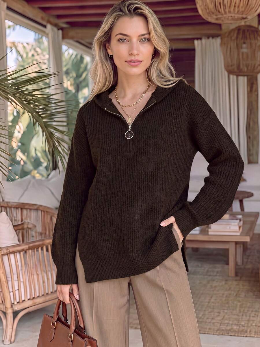 NiceArt Women's Autumn Dark Brown Blended Streetwear Knit Top, Hooded Half-Zip Drawstring Sweater, Winter Outfit, Suitable For Socializing And Night Out - Brown - View 1