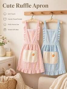 1pc Aesthetic Plaid Ruffle Apron, Essential Kitchen Apron, Cute Shoulder Strap Apron With Hand-Wipe Pocket, Suitable For Home Cooking And Baking - Multicolor - View 8