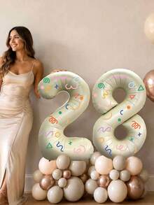 Creative Birthday Number Balloons, 2 Large 40-Inch Cream Color 0-9 Number Foil Balloons, With Colorful Heart, Confetti, Geometric Shape, Flower Stickers, Suitable For Birthday Creative Party, Anniversary Celebration, Baby Shower Decoration - 40inch - View 3