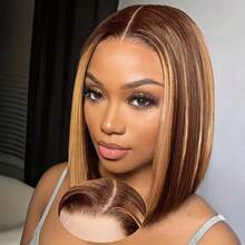 Honey Blonde Piano Highlight Short Bob Wig 13x4 HD Transparent Lace Frontal Human Hair Wigs For Women Salon Color Hair 150% Density Ombre 4/27 Straight Glueless Wear And Go Wigs Cheap Highlight 12inch Colored Bob Wig Pre Plucked With Baby Hair Around - S4/27 - View 6