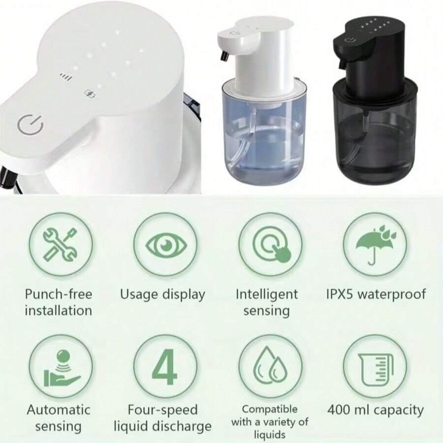DONASIRA 400ml Large Capacity Touchless Automatic Infrared Soap Dispenser, Electric Home Cleaning Detergent Quick Dispenser Pump, Portable Handwash Bottle, Desk-Mounted Or Wall-Mounted Installation, USB Rechargeable, 4 Adjustable Foam/Liquid Flow Levels, Suitable For Kitchen And Bathroom, New Spring Release