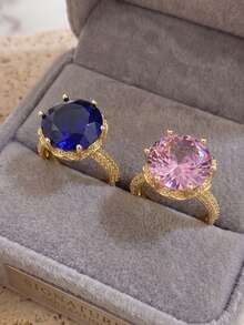 Juego de 2 Anillos de Acero Inoxidable Elegantes Vintage de Lujo con Diseño de Hada para Mujeres, Anillo de Promesa con Zafiro Redondo Grande & Circonita Rosa, Regalo Diario/Navidad/Cumpleaños/Otoño - Multicolor - Ver 1