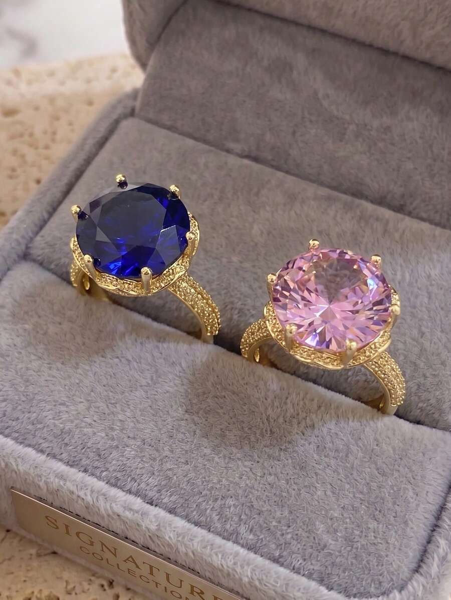 Juego de 2 Anillos de Acero Inoxidable Elegantes Vintage de Lujo con Diseño de Hada para Mujeres, Anillo de Promesa con Zafiro Redondo Grande & Circonita Rosa, Regalo Diario/Navidad/Cumpleaños/Otoño - Multicolor - Ver 1