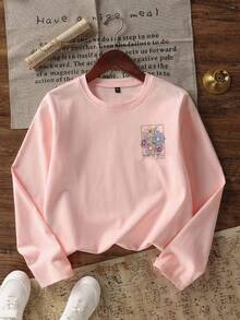 Tween Girl Casual Fun Print Round Neck Pullover Long Sleeve T-Shirt Autumn/Winter Top - Pink - View 4