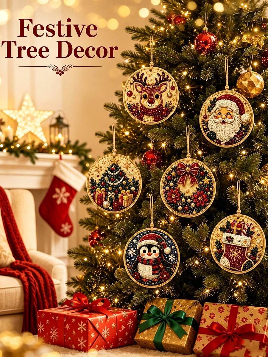 DIY Pearl Diamond Painting Wooden Hanging Ornament Set, Christmas Theme, 2.0cm (3.07 Inches) 2D High-Definition Flat Print, Complete DIY Full Drill Handmade Kit, Suitable For Beginners, Christmas Tree Hanging Decoration - Sets - View 1