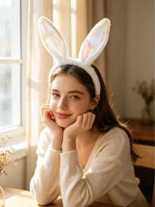 Plush Bunny Ear Headband, Shiny Iridescent Inner Ear Rabbit Hair Hoop, Easter Party Cosplay Costume Accessory, Photo Props For Holiday Decoration - View 6
