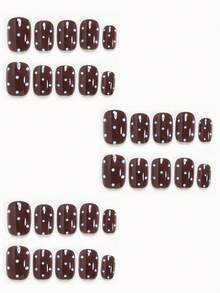 30片短方型穿戴式假指甲，清新薄色調，秋季美甲，棕色與藍色對比色，活潑圓點甜美風，全覆蓋指尖，適合女性與女孩，適用於約會、購物、派對等，含1片果凍膠與1個迷你指甲锉，果凍膠隨機發送 - 彩色 - 查看 3