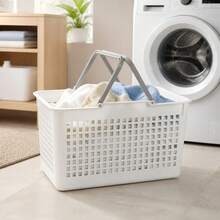 Plastic Laundry Basket With Double Handles And Ventilated Grid Design, Multipurpose Home Organizer, White And Grey, 50.5 X 33 X 29.5 Cm - White - View 2