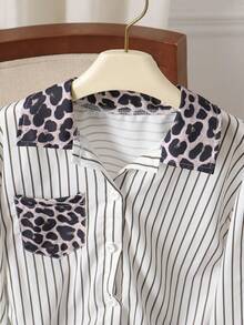8-12 Years Old Tween Girls Spring/Autumn Fashion New White Striped Colorblock Leopard Print Lapel Long Sleeve Shirt Top - White - View 4