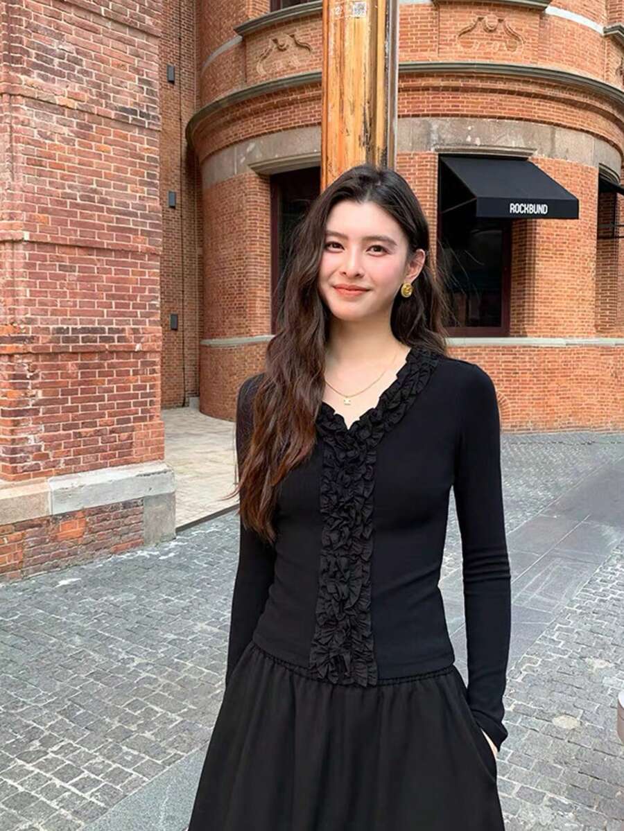 French Lace V-Neck Knitted Long Sleeve T-Shirt Women Niche Design Slim Fit Top - Black - View 1