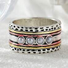 Vintage Multi-Layer Hammered Texture Ring, Round Faux Pearl Inlaid Wide Band - Silver - View 8