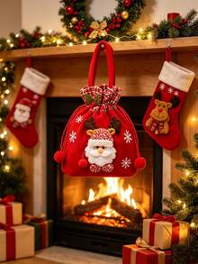 1pc Christmas Gift Bag With Plush Decoration, Portable Handle And Drawstring Closure. Multiple Styles Available. Perfect Storage Bag For Christmas Eve Small Gifts, Ideal For Holiday Gifting And Party Decoration. - Multicolor - View 3