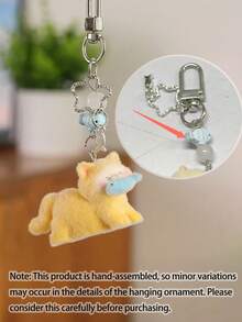 Flocked Cat Keychain Pendant, Cute Kitten Biting Fish Charm With Beads, Cartoon Animal Hanging Ornament, Suitable For Backpacks, Bags, Wallets, Fashionable Phone Accessory, Sweet Gift For Women And Girls - Multicolor - View 5