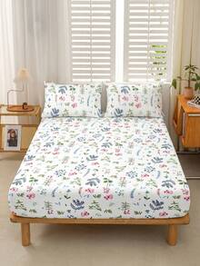1件裝夏季植物花卉圖案平行線床墊包覆式床單，柔軟透氣，適用單人、雙人、Queen 與 King Size 床，深口袋可達 11.8 英吋，適合居家、宿舍開學寢具床單 - 彩色 - 查看 7