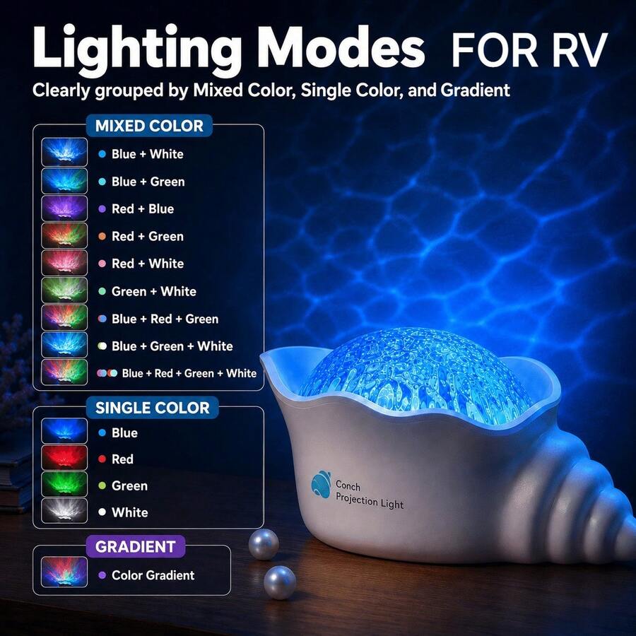7-Color Shell Ocean Wave Projection Light, Ocean Wave Projection Light, Adjustable Aurora Projection Light, Suitable For Shower Room, Bathroom, Bedroom Ocean Decor - White - View 1