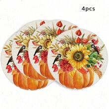 1/4/6pcs Autumn Collection Sunflower Bird Berry Hand-Painted Pattern Placemats, Suitable For Home Kitchen, Made Of Polyester Fiber, Kitchen Table Decoration, And Party Scene Decoration - Multicolor - View 8