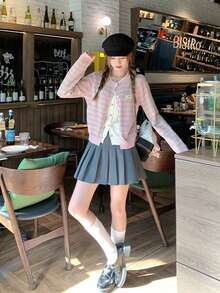 Pink Striped 2 In 1 Sweater Women's Autumn Gentle Loose Knit Cardigan Top - Pink - View 7