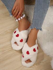 Girl Style Heart Embroidery Plush Slippers, Comfortable Thick Sole Open Toe Indoor/Outdoor Soft Anti-Slip Women's Plush Sandals - White - View 6