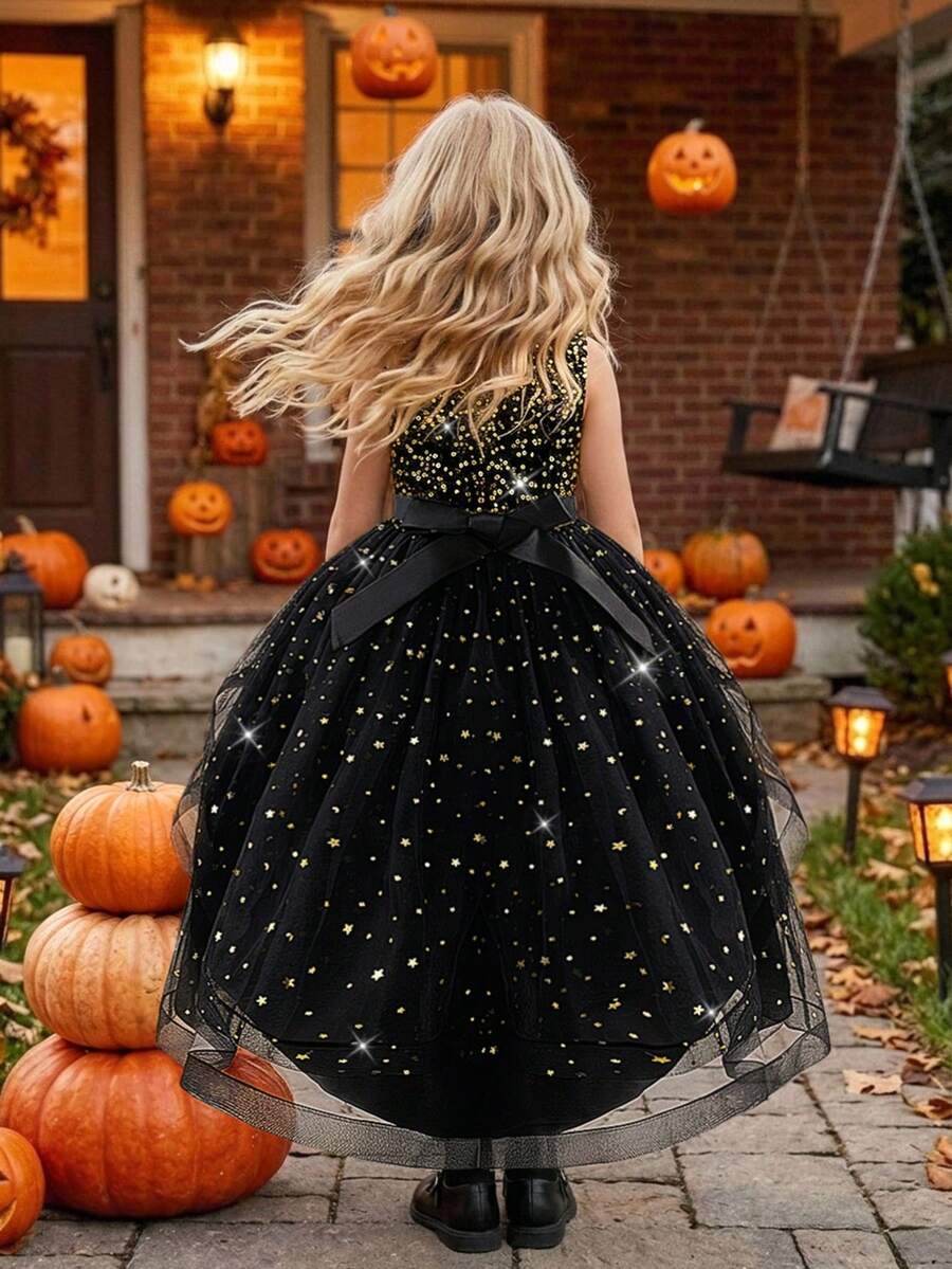 Young Girls Sleeveless Sequin Bow Mesh Tulle Train Puff Elegant Dress Suitable For Party, Headband Not Included - Black - View 1