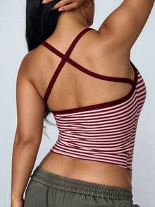 Plus Size Striped Spaghetti Strap Tank Top Women's Y2K Square Neck Ribbed Knit Fitted Cropped Camisole, Casual Sleeveless Top - Red Violet - View 4