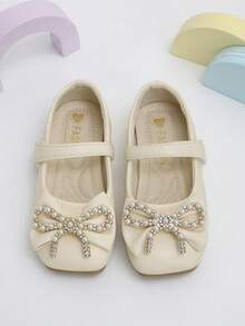 1 Pair Girls' Beige Pearl Rhinestone Bow Knot Hook And Loop Mary Jane Shoes, Suitable For Shopping, Outings And School Wear - Beige - View 5
