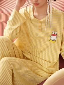 Gongdie 2pcs/Set Miffy Women's Pajama Set, Autumn Yellow Striped Soft Modal Cotton Loungewear With Pockets - Yellow - View 3